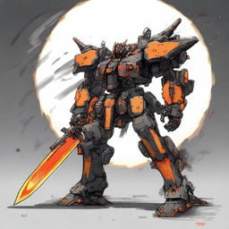 A big, bulky mech with a miniature sun as its core, colored black and orange