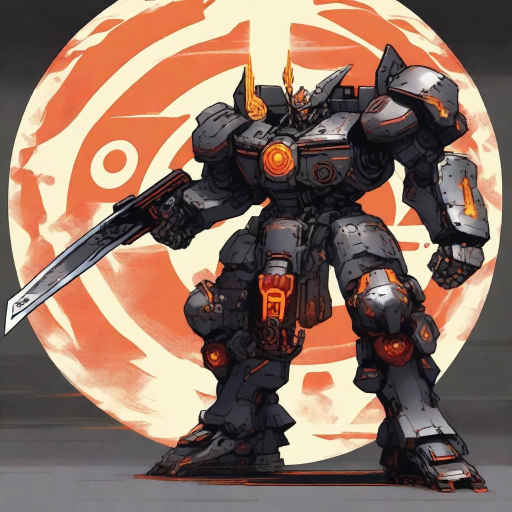 A big, bulky mech with a miniature sun as its core, colored black and orange