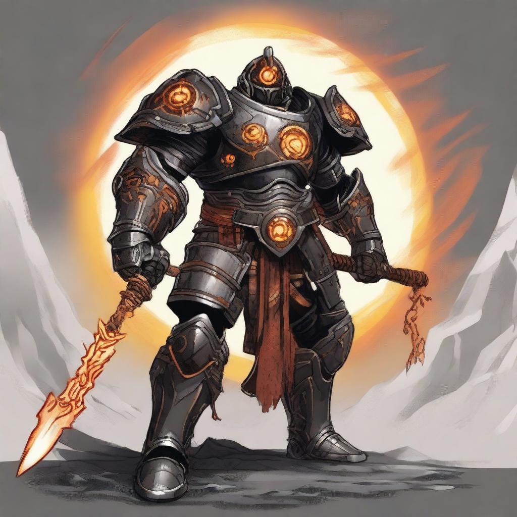 A big, bulky warforged with a miniature sun as its core, colored black and orange