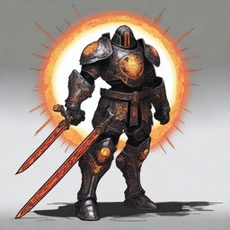 A big, bulky warforged with a miniature sun as its core, colored black and orange