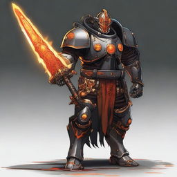 A big, bulky warforged with a miniature sun as its core, colored black and orange