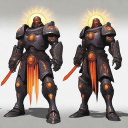 A big, bulky warforged with a miniature sun as its core, colored black and orange