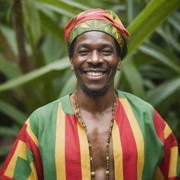 A Jamaican man dressed in traditional Caribbean attire, with a radiant smile on his face, surrounded by a tropical environment.