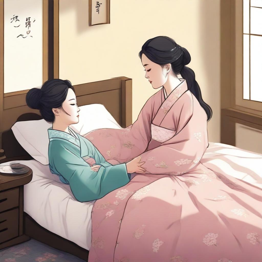 A scene depicting two Korean women sharing a bed