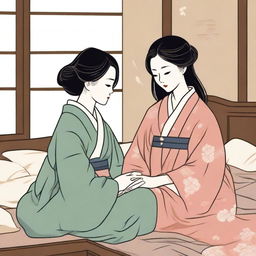 A scene depicting two Korean women sharing a bed