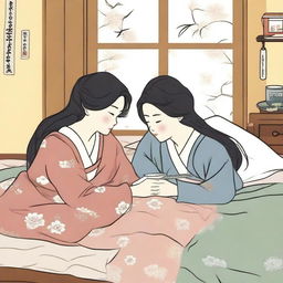 A scene depicting two Korean women sharing a bed