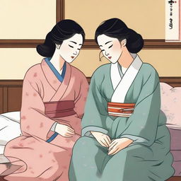 A scene depicting two Korean women sharing a bed