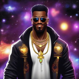 Create an image of an adult black gangster human space druid