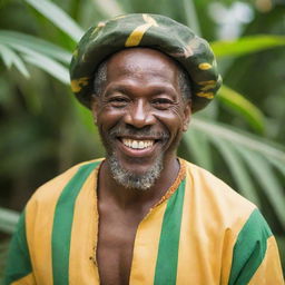 A Jamaican man dressed in traditional Caribbean attire, with a radiant smile on his face, surrounded by a tropical environment.