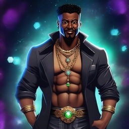 Create an image of an adult black gangster human space druid