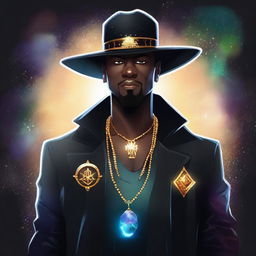 Create an image of an adult black gangster human space druid