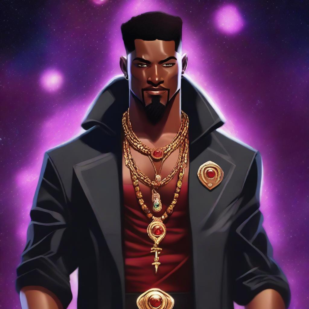 Create an image of an adult black gangster human space druid