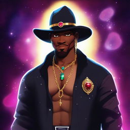 Create an image of an adult black gangster human space druid