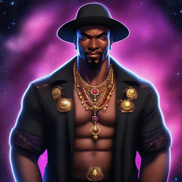 Create an image of an adult black gangster human space druid