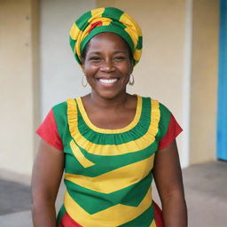 A confident Jamaican lady with colorful traditional attire, radiant smile, and a warm, welcoming demeanor.