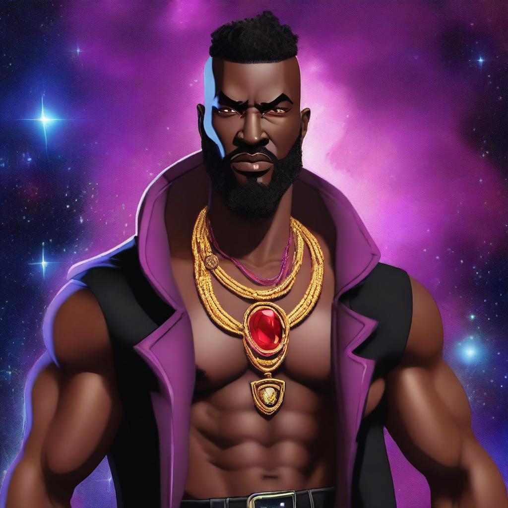 Create an image of an adult black gangster human space druid