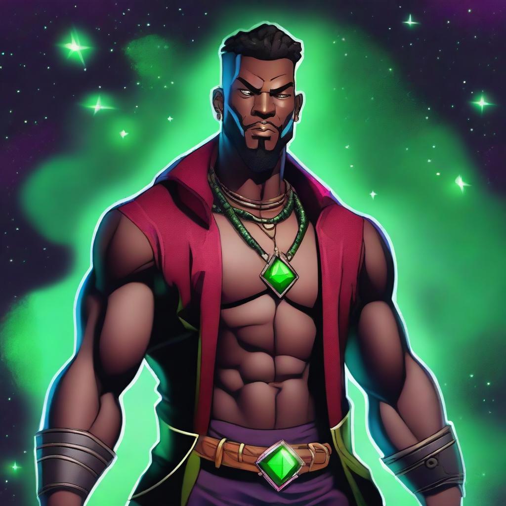 Create an image of an adult black gangster human space druid