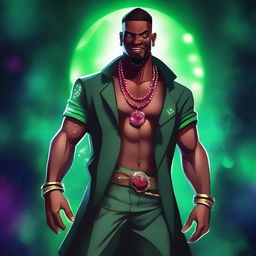 Create an image of an adult black gangster human space druid