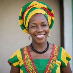 A confident Jamaican lady with colorful traditional attire, radiant smile, and a warm, welcoming demeanor.