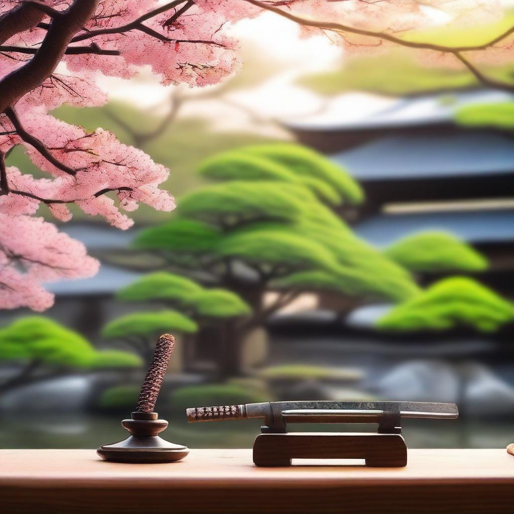 A serene evening summer scene in Japan featuring a beautifully crafted katana