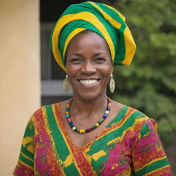 A confident Jamaican lady with colorful traditional attire, radiant smile, and a warm, welcoming demeanor.