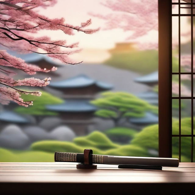 A serene evening summer scene in Japan featuring a beautifully crafted katana