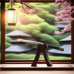 A serene evening summer scene in Japan featuring a beautifully crafted katana