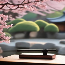 A serene evening summer scene in Japan featuring a beautifully crafted katana