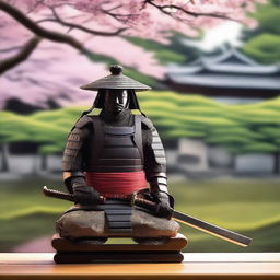 A serene evening summer scene in Japan featuring a beautifully crafted katana and a noble samurai