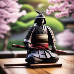 A serene evening summer scene in Japan featuring a beautifully crafted katana and a noble samurai