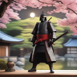 A hyper-realistic evening summer scene in Japan featuring a beautifully crafted katana and a noble samurai