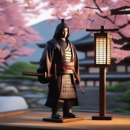 A hyper-realistic evening summer scene in Japan featuring a beautifully crafted katana and a noble samurai