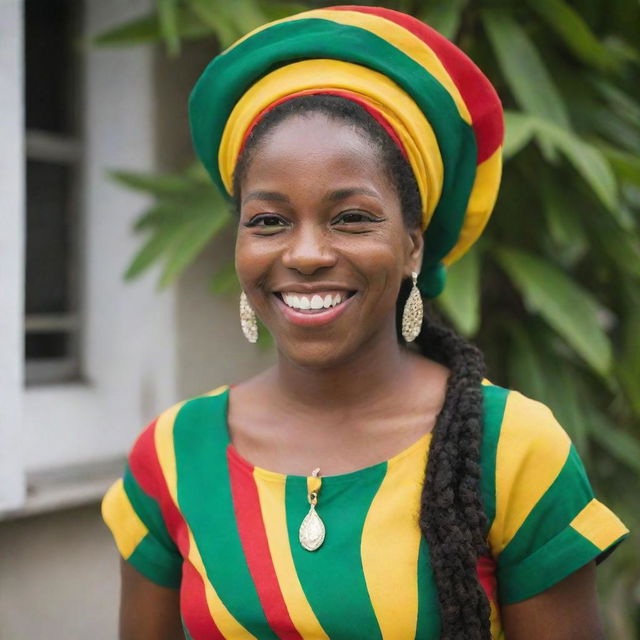 A confident Jamaican lady with colorful traditional attire, radiant smile, and a warm, welcoming demeanor.