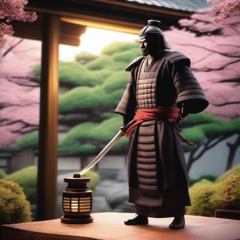 A hyper-realistic evening summer scene in Japan featuring a beautifully crafted katana and a noble samurai