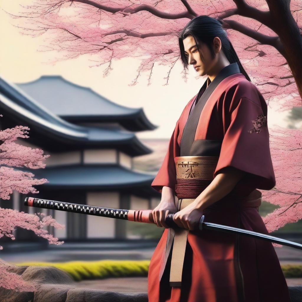 A hyper-realistic manga-style evening summer scene in Japan featuring a beautifully crafted katana and a noble samurai