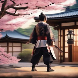 A hyper-realistic manga-style evening summer scene in Japan featuring a beautifully crafted katana and a noble samurai