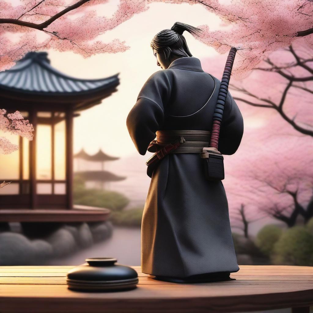 A hyper-realistic manga-style evening summer scene in Japan featuring a beautifully crafted katana and a noble samurai