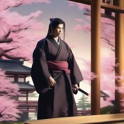 A hyper-realistic manga-style evening summer scene in Japan featuring a beautifully crafted katana and a noble samurai