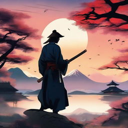 A realistic manga-style wallpaper featuring a Japanese samurai holding a katana during an evening in summer