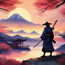 A realistic manga-style wallpaper featuring a Japanese samurai holding a katana during an evening in summer