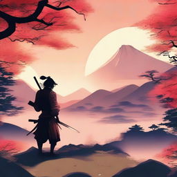 A realistic manga-style wallpaper featuring a Japanese samurai holding a katana during an evening in summer