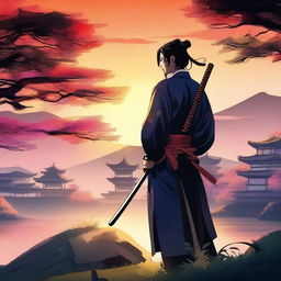 A realistic manga-style wallpaper featuring a Japanese samurai holding a katana during an evening in summer