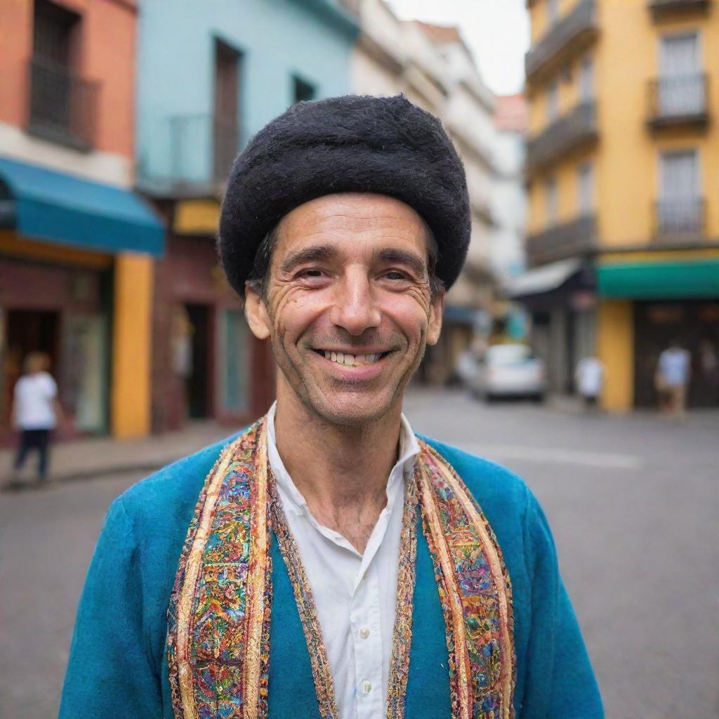 A portrait of an Argentinian man smiling, wearing traditional Argentinian clothing, with the colorful streets of Buenos Aires in the background.