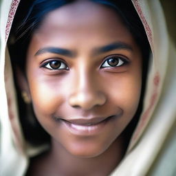 A portrait of an Indian girl with a modest appearance, featuring traditional attire and a serene expression