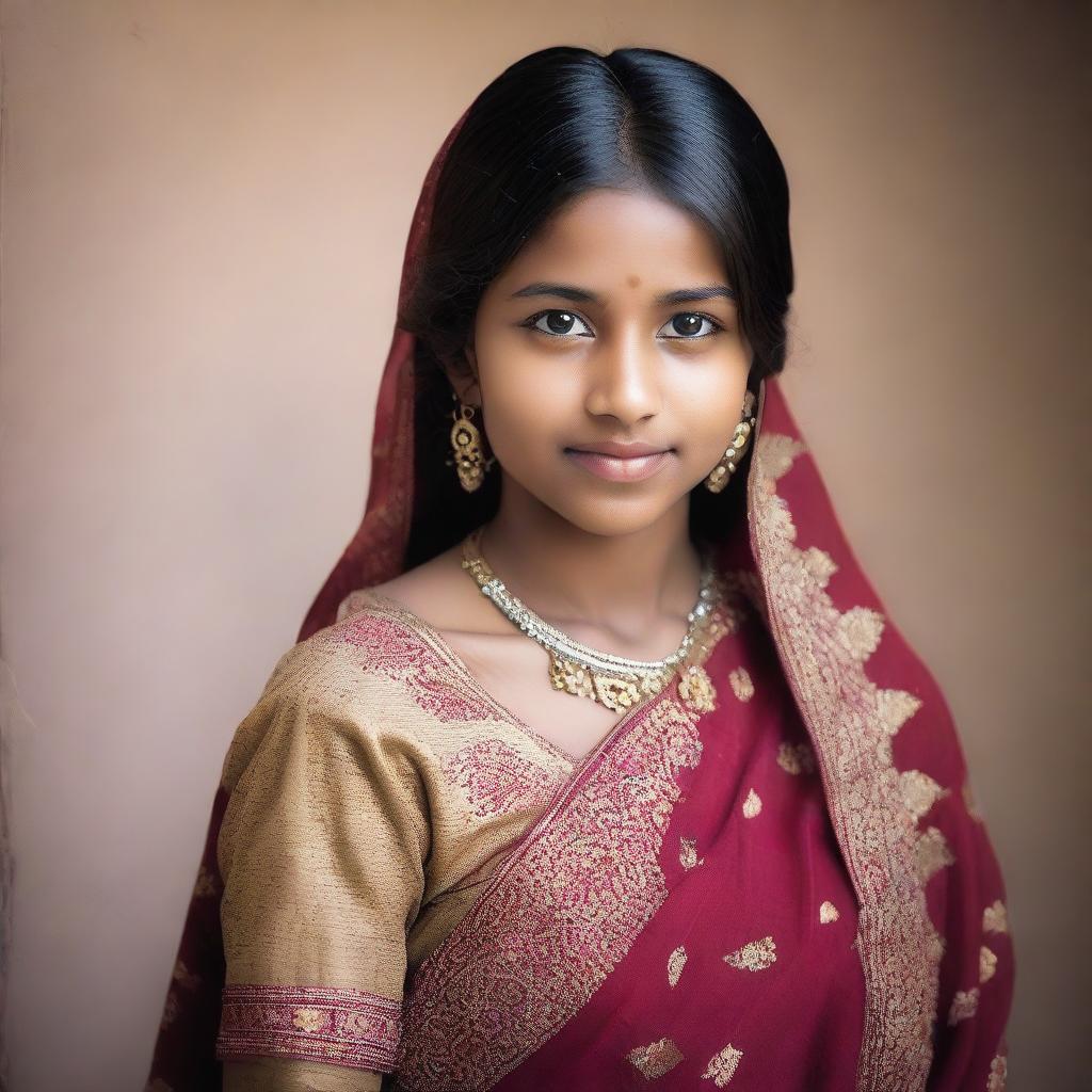 A portrait of an Indian girl with a modest appearance, featuring traditional attire and a serene expression