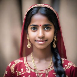 A portrait of an Indian girl with a modest appearance, featuring traditional attire and a serene expression