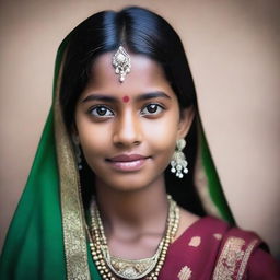 A portrait of an Indian girl with a modest appearance, featuring traditional attire and a serene expression