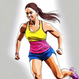 A young woman wearing sports shorts, depicted in a tasteful and athletic manner