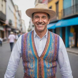 A portrait of an Argentinian man smiling, wearing traditional Argentinian clothing, with the colorful streets of Buenos Aires in the background.