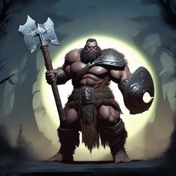 A powerful Warforge barbarian, standing tall with a menacing look